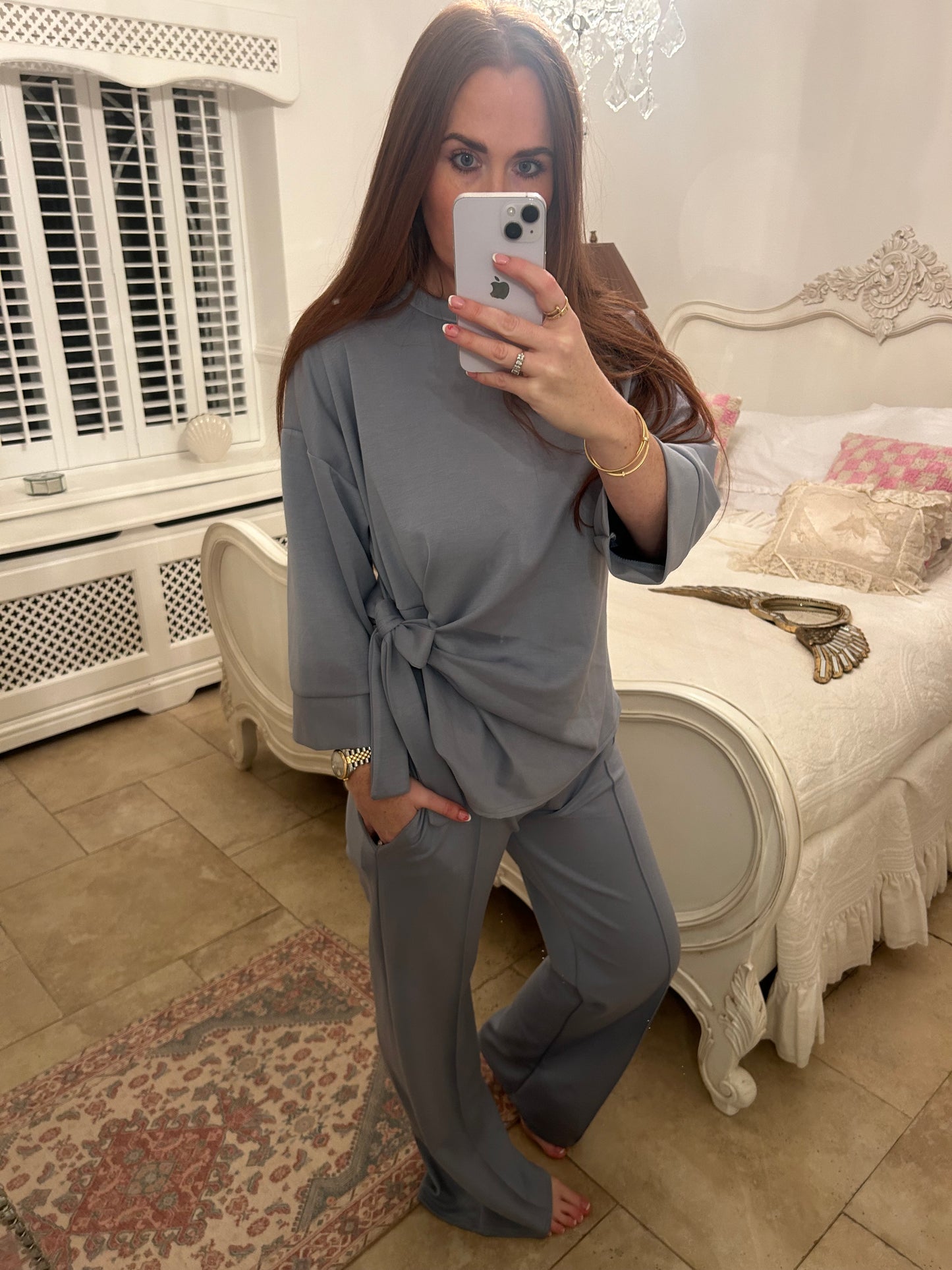 Bow tie side flared leg co ord blue š