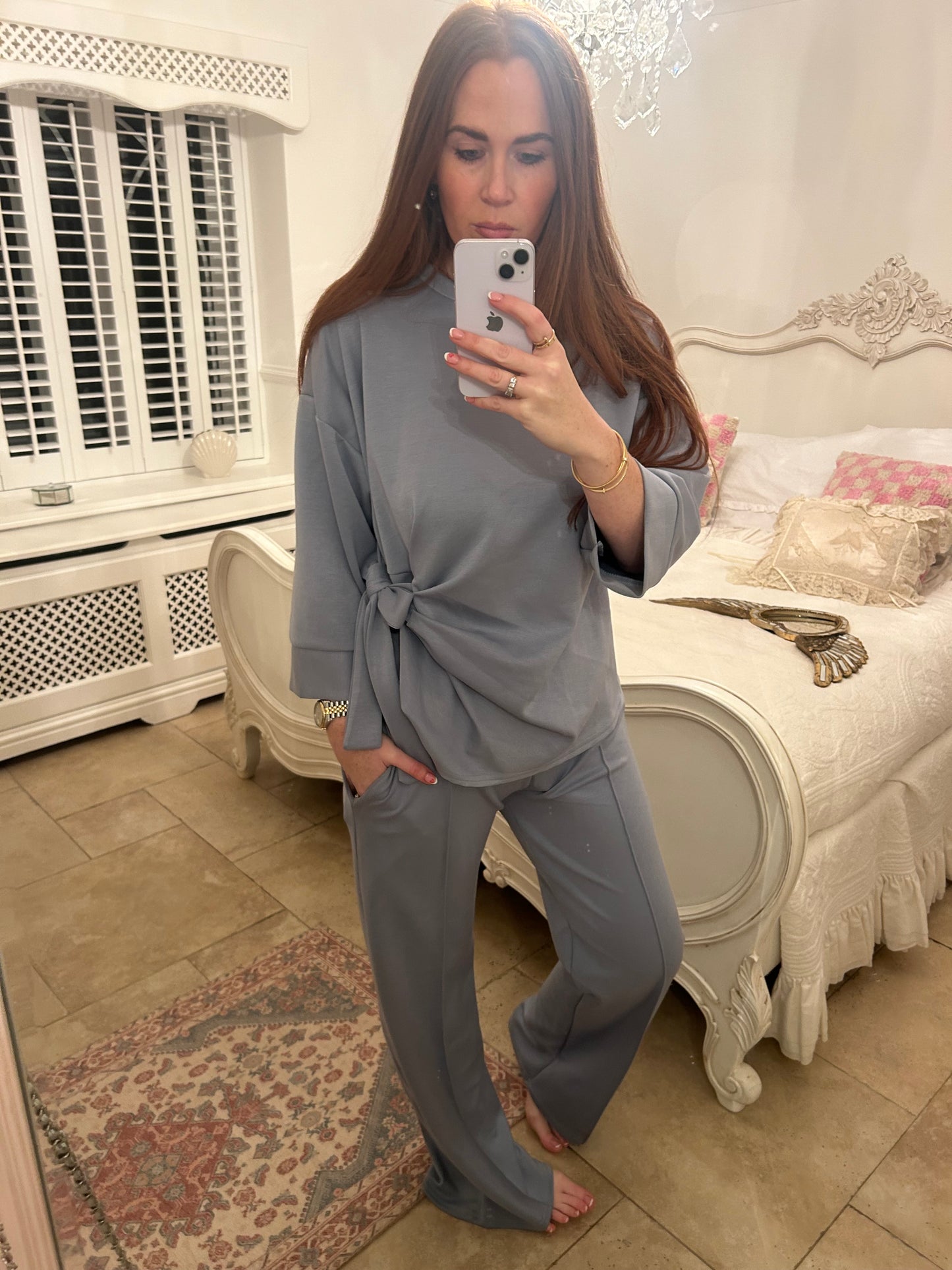Bow tie side flared leg co ord blue š