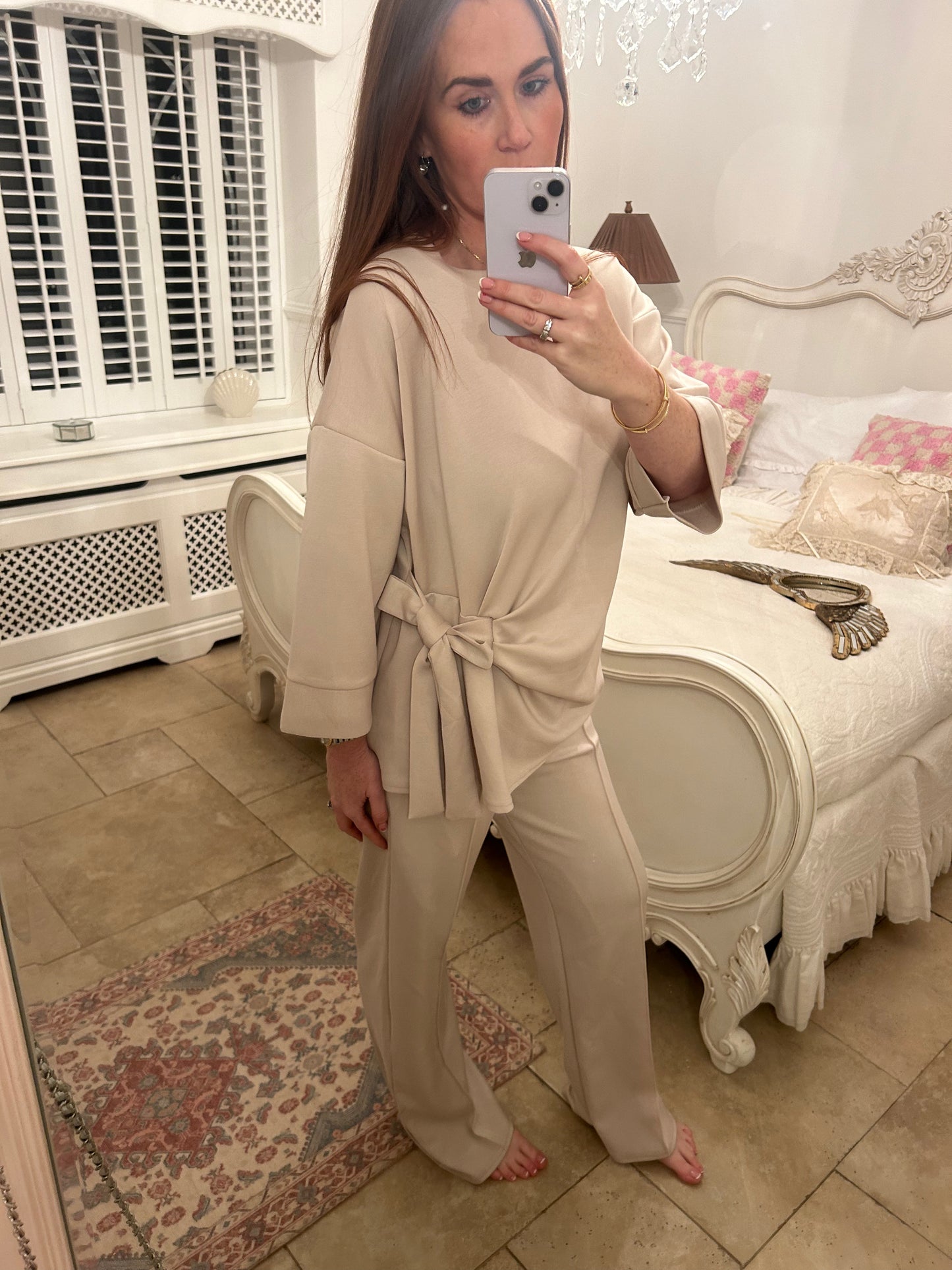 Bow side tie flared co ord beige ☕️