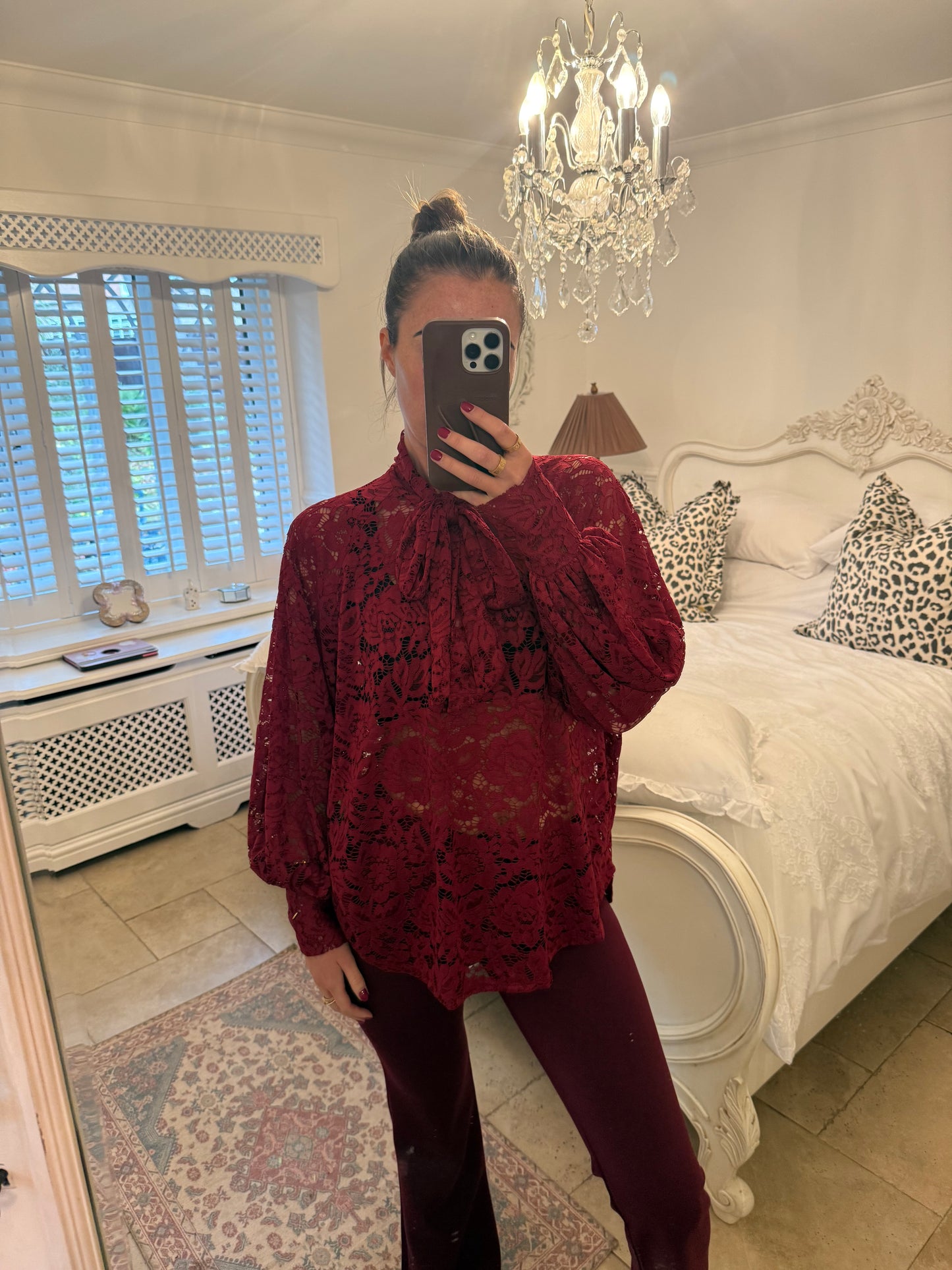Burgundy lace pussy bow blouse ♥️